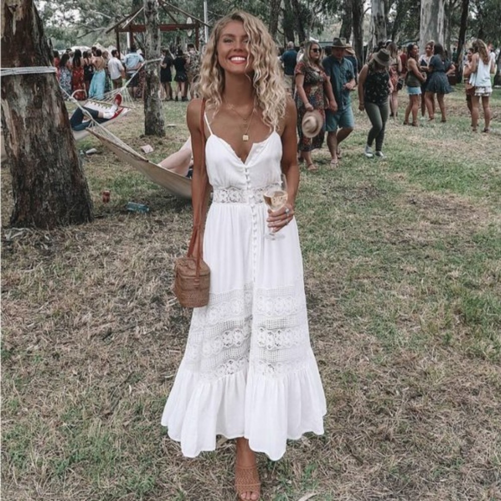 Boho lace button up cami open back ruffle dress - Picture 6 of 6